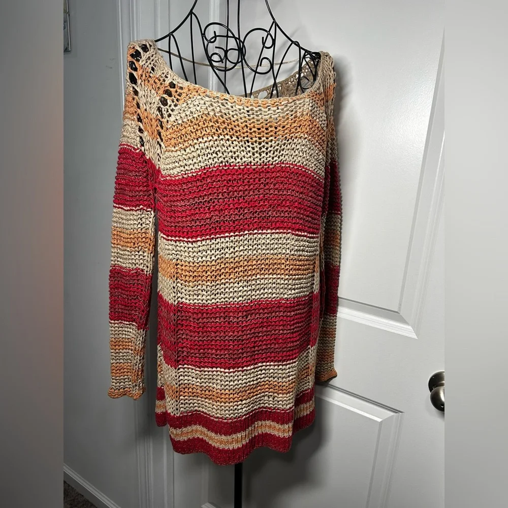 Free People Striped Red and‎ Tan Women's Crochet Sweater
